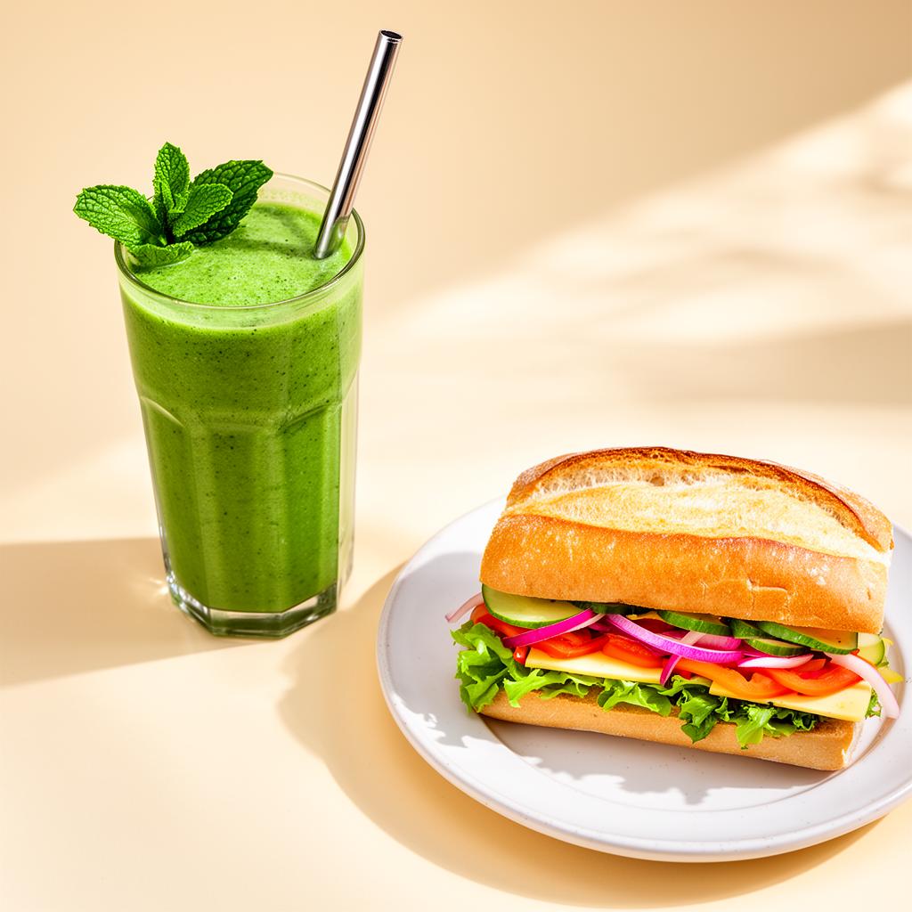 Fresh green smoothie next to a Vietnamese banh mi sandwich